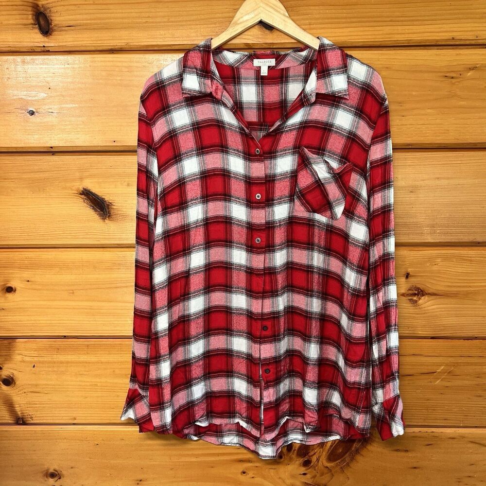 TALBOTS Shirt Womens Size L Button Up Blouse Top Plaid Long Sleeve White Red